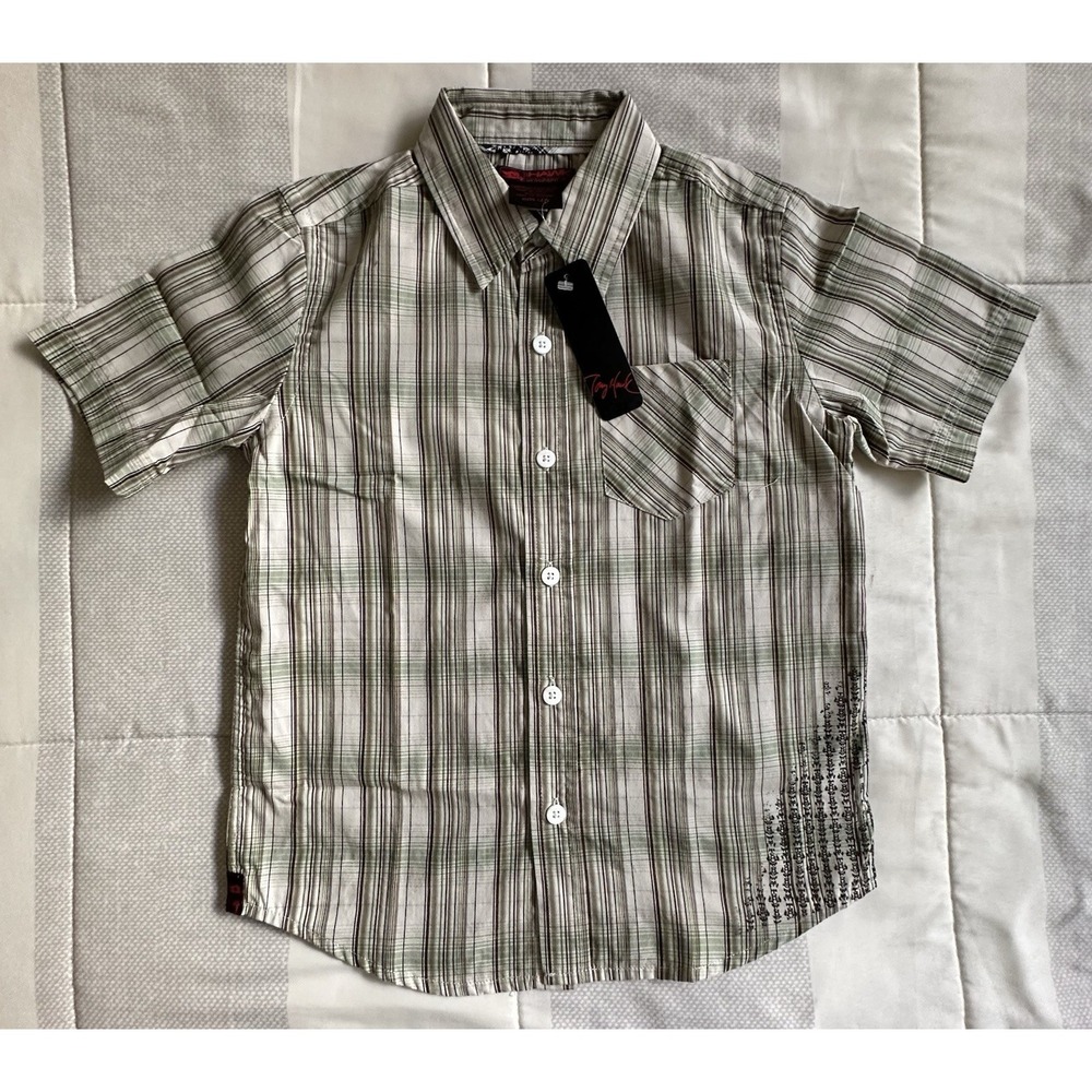 Tony Hawk VTG Y2K Short Sleeve Shirt Boy Large 7 Button Front NWT Green Plaid